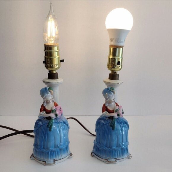 Vintage Pair Art Deco Sitzendorf German Porcelain Figurine Lamps Victorian Lady - Picture 2 of 12